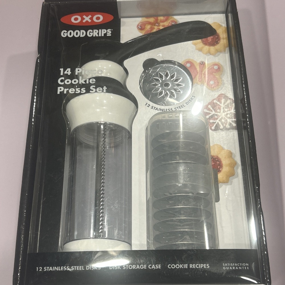 New Sealed OXO Good Grips 14-Piece Cookie Press Set Disk Storage case W/ Recipes